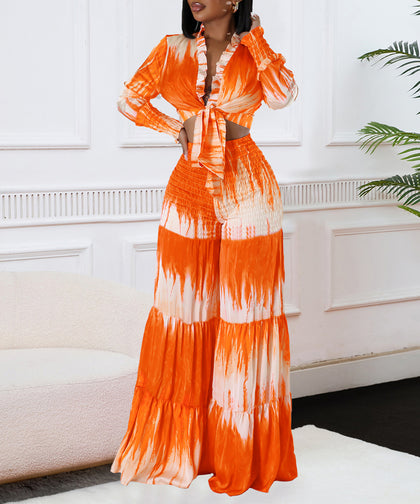 Printed Lace-Up Top and Wide Leg Pant Set