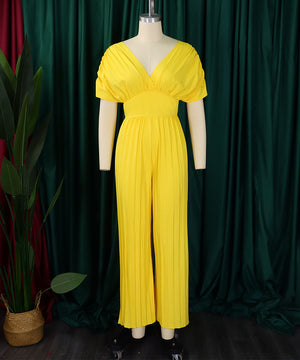 Sexy V-Neck Solid Color Pleated Jumpsuit for Effortless Style