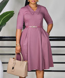 Elegant Solid Color Five-Quarter Sleeve Dress