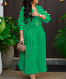 Fashion V Neck Solid Color Long Sleeve Maxi Skirt With Pleated Hem