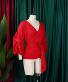 Off Shoulder Cross Belted V Neck Balloon Sleeve Sexy Shirt