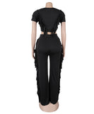 Solid Color Short Sleeve Stretch Fringed Clothing Set