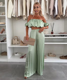 Elegant Plunging Pleated Pants Set Solid Colors Everyday