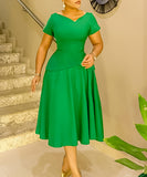 Fashionable Solid Color V Neck Short Sleeve A Line Dress