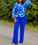 Stylish Printed Long-Sleeved Top And Wide-Leg Pants Set