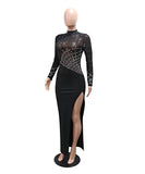Sequined High-Neck Evening Dress Long-Sleeve High-Slit