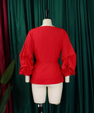 Off Shoulder Cross Belted V Neck Balloon Sleeve Sexy Shirt