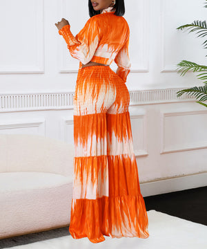 Stylish Printed Lace-Up Long-Sleeved Top & Wide-Leg Pants