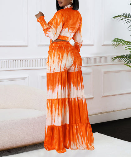 Printed Lace-Up Top and Wide Leg Pant Set