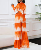 Stylish Printed Lace-Up Long-Sleeved Top & Wide-Leg Pants