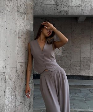 V Neck Sleeveless Vest and Wide Leg Trousers Set in Grey Khaki