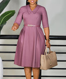 Elegant Solid Color Five-Quarter Sleeve Dress