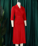 Seductive Solid Color Dress With Tailored Collar and Belt in Red Blue Green