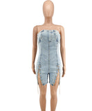Sexy Off The Shoulder Denim Jumpsuit With Copper Chains