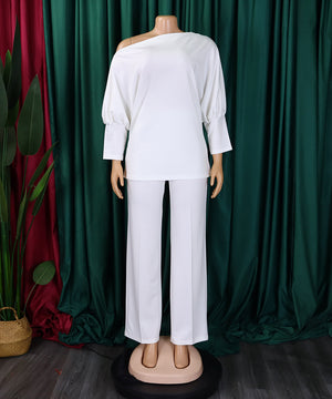 Solid Color Diagonal Collar Top Wide-Leg Pant Suit Style