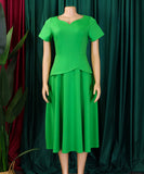 Fashionable Solid Color V Neck Short Sleeve A Line Dress