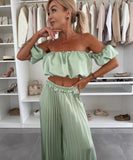 Elegant Plunging Pleated Pants Set Solid Colors Everyday