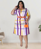 Plus Size Checkered Shirt Dress Short Sleeve Cowl Neck Polyester