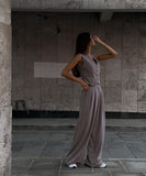 V Neck Sleeveless Vest and Wide Leg Trousers Set in Grey Khaki