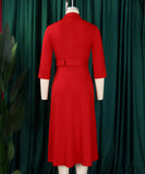 Seductive Solid Color Dress With Tailored Collar and Belt in Red Blue Green