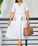 V Neck Short Sleeve Cinched Waist A Line Dress