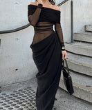 Sultry Off Shoulder Dress Net Dress With Openwork In Black