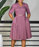 Elegant Solid Color Five-Quarter Sleeve Dress