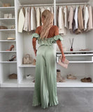 Elegant Plunging Pleated Pants Set Solid Colors Everyday