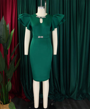 Round Neck Ruffled Sleeve Diamond Studded Halter Dress