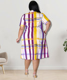 Plus Size Checkered Shirt Dress Short Sleeve Cowl Neck Polyester