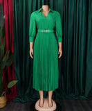 Fashion V Neck Solid Color Long Sleeve Maxi Skirt With Pleated Hem