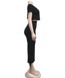 A Two-Piece Set of Solid-Color Fringed Round-Neck Short-Sleeve Long Dress