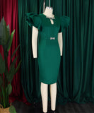 Round Neck Ruffled Sleeve Diamond Studded Halter Dress