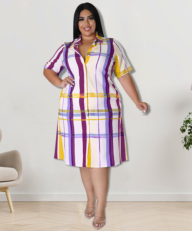 Plus Size Checkered Shirt Dress Short Sleeve Cowl Neck Polyester