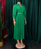 Fashion V Neck Solid Color Long Sleeve Maxi Skirt With Pleated Hem