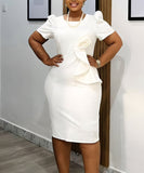 Solid Color Short Sleeved Wraparound Lace Ruffled Dress