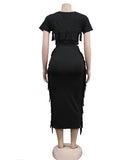 A Two-Piece Set of Solid-Color Fringed Round-Neck Short-Sleeve Long Dress