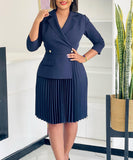 Seductive All Black Pleated Dress With Tailored Collar