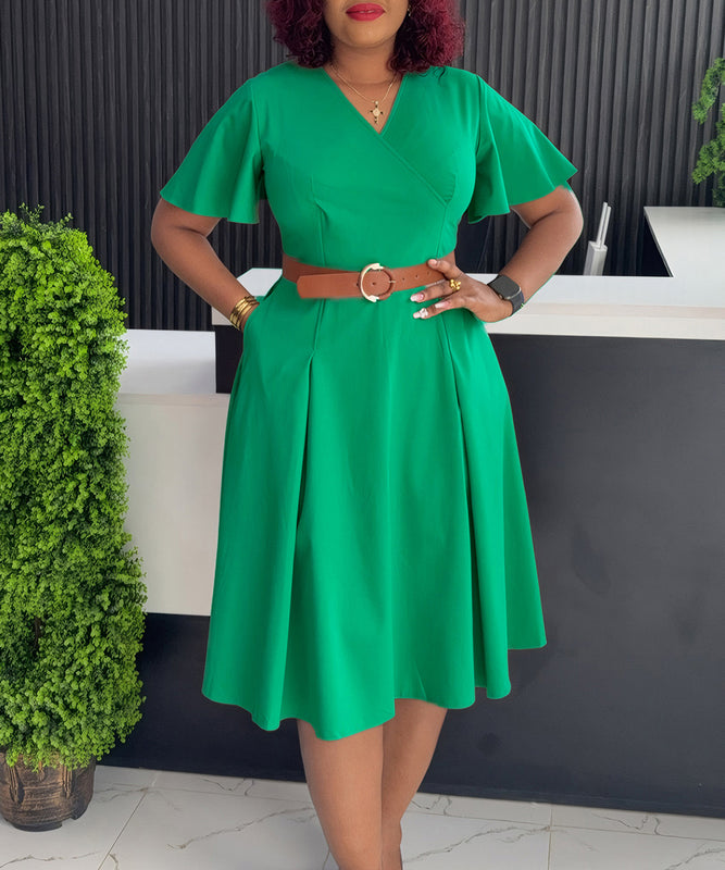 V Neck Flared Sleeve Casual A Line Dress in Four Colors