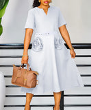 V Neck Short Sleeve Cinched Waist A Line Dress