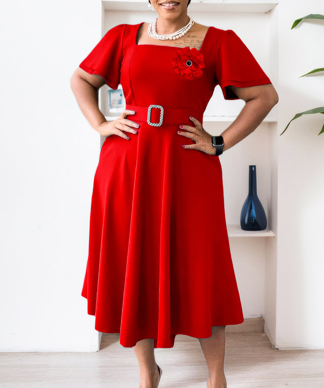 Square Neck High Waisted Large Hem Dress in Solid Color