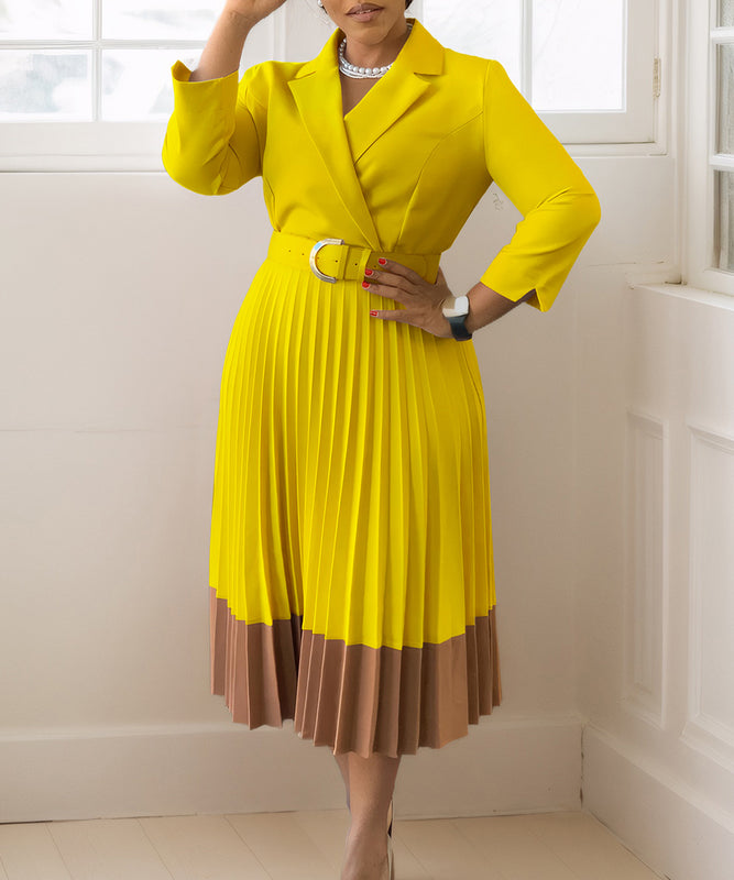 Elegant Women's Suit-Style Pleated Dress with Belt and Collar