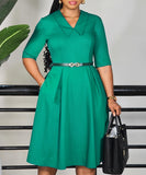 Elegant Solid Color Five-Quarter Sleeve Dress