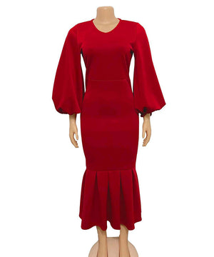 Curvy Elegance Plus Size V-Neck Long Sleeve Fishtail Dress