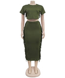 A Two-Piece Set of Solid-Color Fringed Round-Neck Short-Sleeve Long Dress