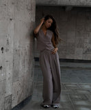 V Neck Sleeveless Vest and Wide Leg Trousers Set in Grey Khaki