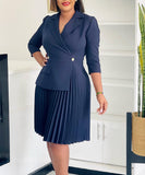 Seductive All Black Pleated Dress With Tailored Collar
