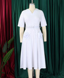 V Neck Short Sleeve Cinched Waist A Line Dress