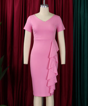 Chic Short Sleeved Solid Color Dress With Hip Ruffles Magic
