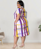 Plus Size Checkered Shirt Dress Short Sleeve Cowl Neck Polyester